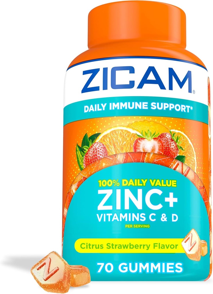Zicam Daily Immmune Support, Supplément Gummy, Zinc, Vitamine C et Vitamine D, Arôme de fraise aux agrumes, 70 Compte