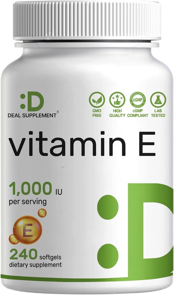 Suppléments de vitamine E, 1 000 UI par portion, 240 softgels – Protection antioxydante extra-forte – Forme stable biodisponible – Skin, Heart, Brain, & Immune Support – Non-OGM