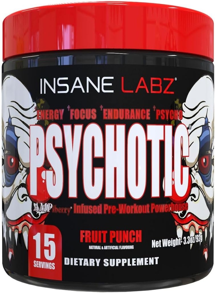 Insane Labz psychotique, poudre pré-entraînement stimulante, énergie lassante extrême, focus et endurance avec Beta Alanine, Monohydrate de créatine, DMAE, 15 Srvgs, punch fruit