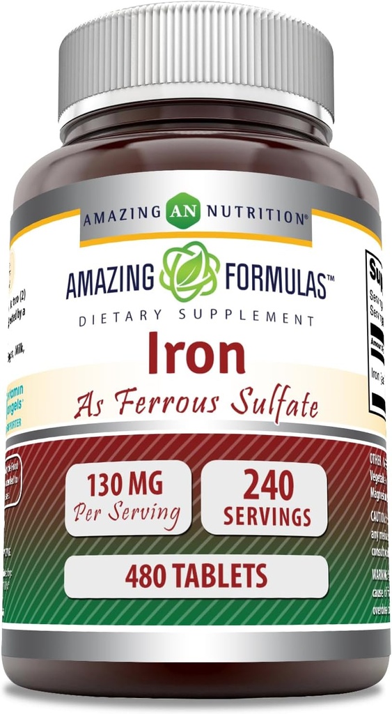 Formules étonnantes Fer en tant que supplément de sulfates ferreux (65 Mg) Comprimés non-OGM (sans gluten) Fabriqués aux États-Unis (480 Nombre)