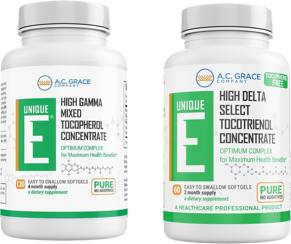 UNIQUE E A.C. Grace Company Tocophérols mixtes Concentré Softgel 120 Comte et tocotrienols sans tocophérol Softgels 60 Comte