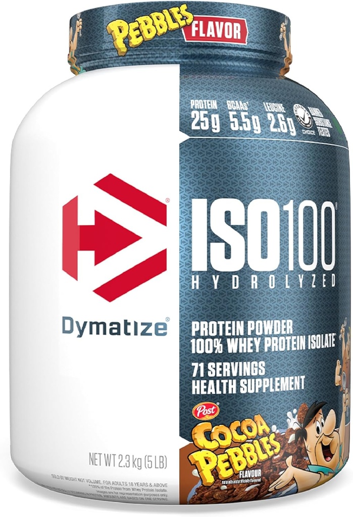 Dymatize x Cocao Pebbles ISO100 Whey Protéines Poudre Isolée, 25g de protéines, 5,5g BCAA, 120 Cal., Sans gluten, 1g de gras, 1g de sucre, 2g de glucides (71 portions)