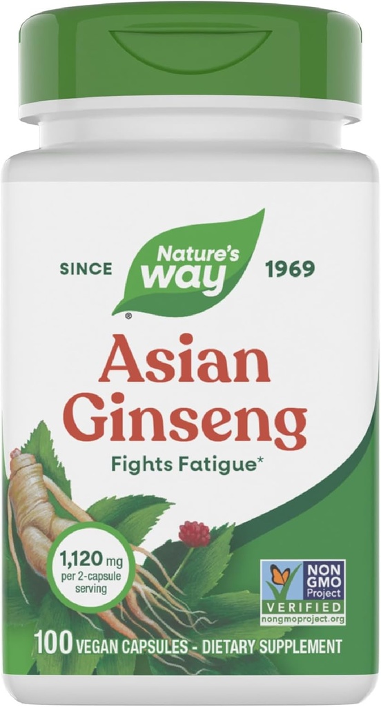 Nature's Way Asian Ginseng, Fights Fatigue*, 1 120mg Par 2-capsules portion, Projet non OGM vérifié, végétalien, 100 capsules (paquetage May Vary)