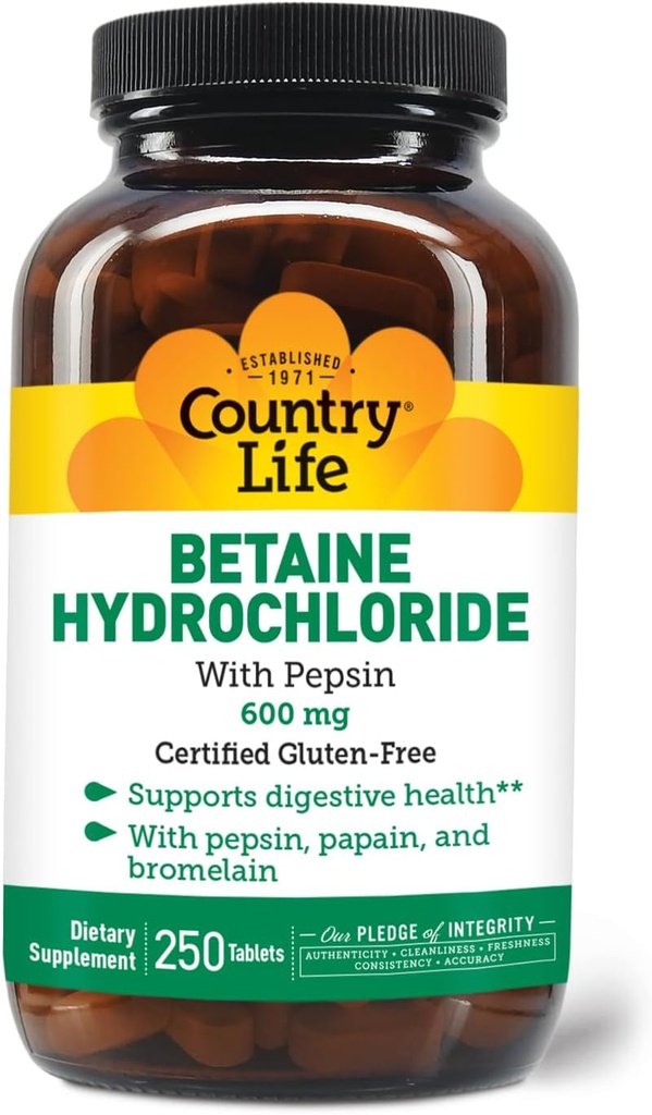 Country Life Betaine Hydrochloride with pepsin 600 mg - 250 Tablets