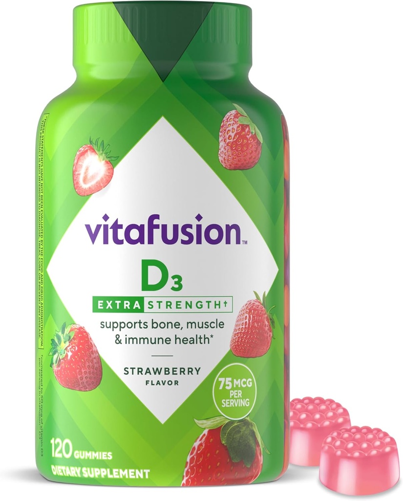 vitafusion Extra force vitamine D3 Gummy, fraise aromatisée os et système immunitaire (1) 120 Compte