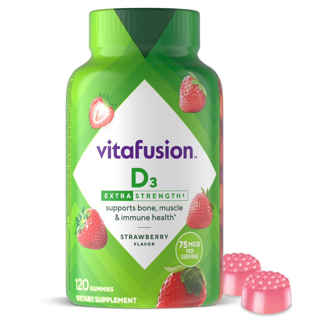 vitafusion Extra force vitamine D3 Gummy, fraise aromatisée os et système immunitaire (1) 120 Compte