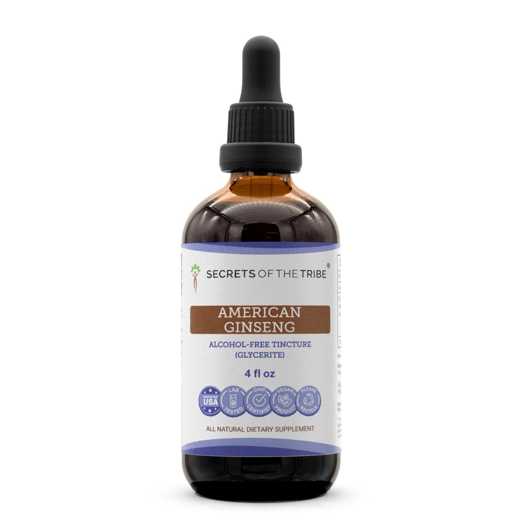 Secrets of the Tribe American Ginseng Tincture Extract sans alcool, Farm Groven American Ginseng (Panax Quinquefolius) Supplément à la teinture des racines séchées (4 FL OZ)