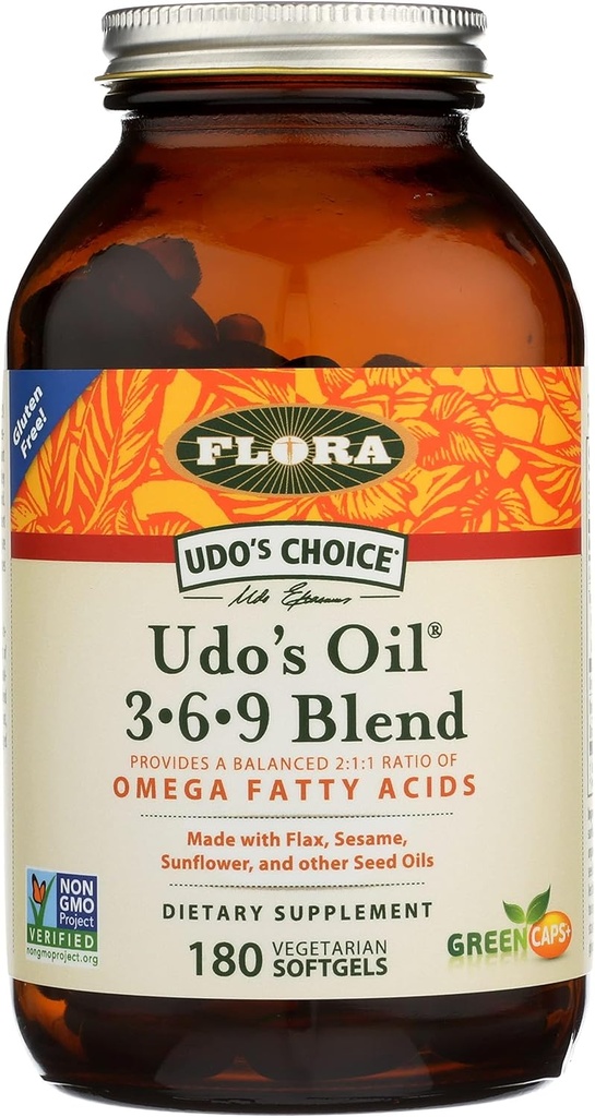 Flora Udo's Oil 3-6-9 Blend - contient de la noix de coco biologique, de l'huile de lin et plus - 180 softgels végétariens
