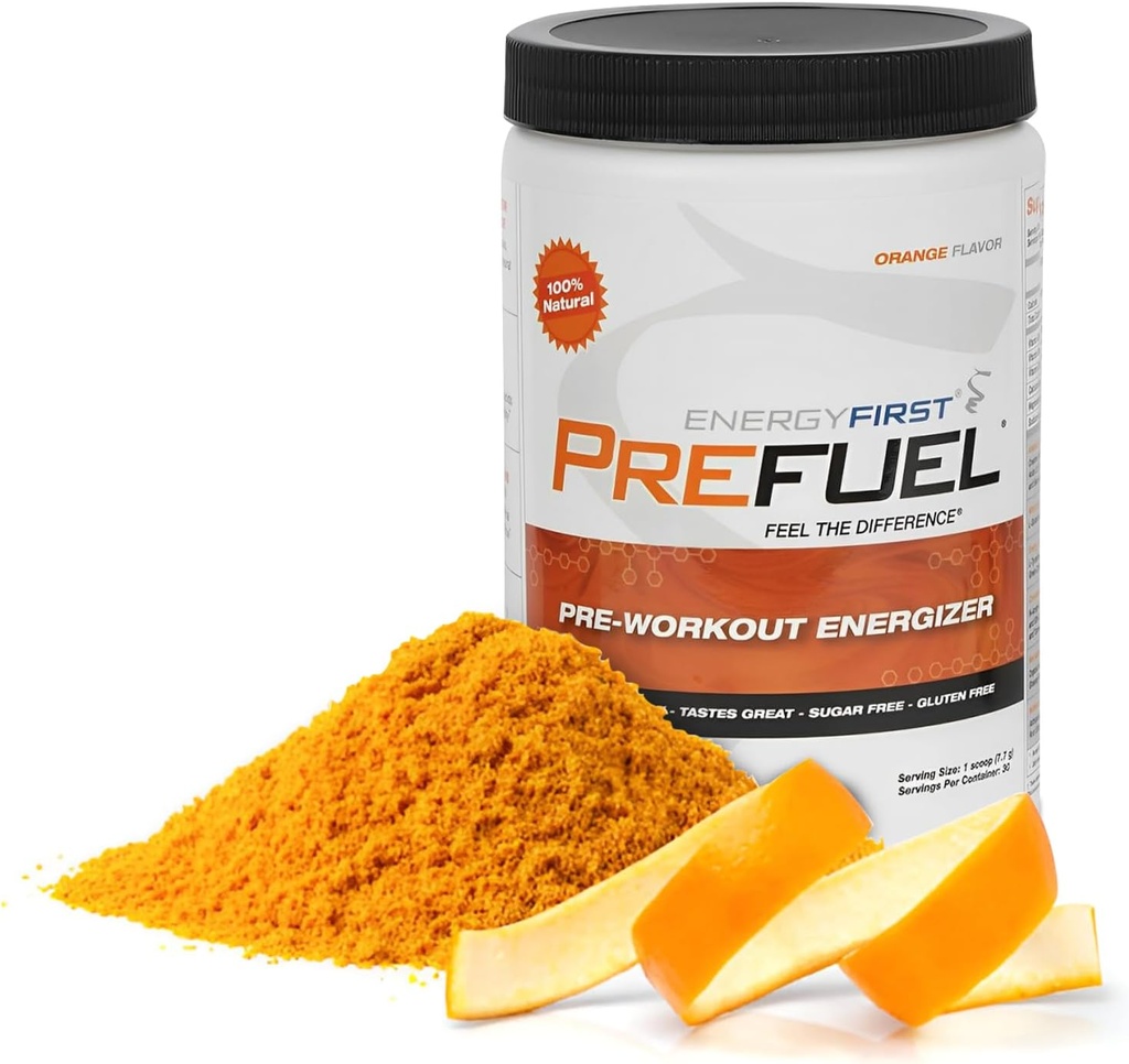 EnergyFirst Prefuel Vegan Pre-Workout Powder, Zero Sugar, All-Natural Energizer with Immune Support Orange Flavor, 30 portions pour une performance maximale d'entraînement