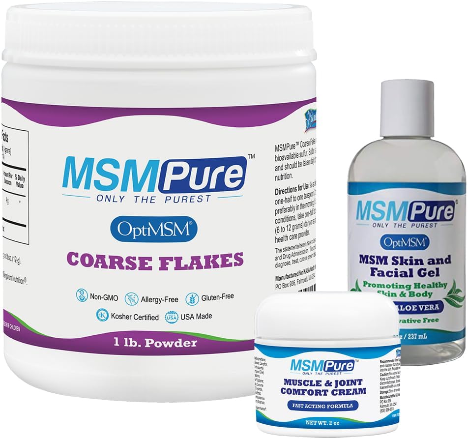 KALA Health MSMPure Starter Bundle avec MSM Coarse Flakes 1lb, MSM Muscle & Joint Cream 2oz et MSM Gel avec Aloe 8oz biologique