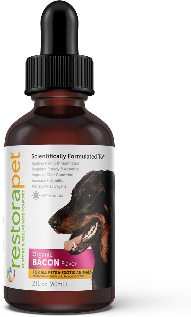RestoraPet 1-Pack Dog & Cat Bacon Liquid Multivitamin | Dog Arthritis Pain Relief | Hip & Joint Vitamins for Dogs - Anti Inflammatory Supplement for Dogs & Cats | Organic & Non-GMO, Vet Approved