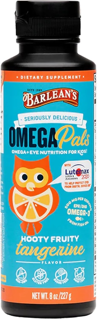 Barlean's Omega Pals Eye Health Liquid, Omega 3 aromatisé Tangerine pour les enfants, supplément huile de poisson avec 500 mg d'EPA & DHA Plus Lutéine et Zeaxanthin Vitamines pour le soutien de la lumière bleue, 8 oz