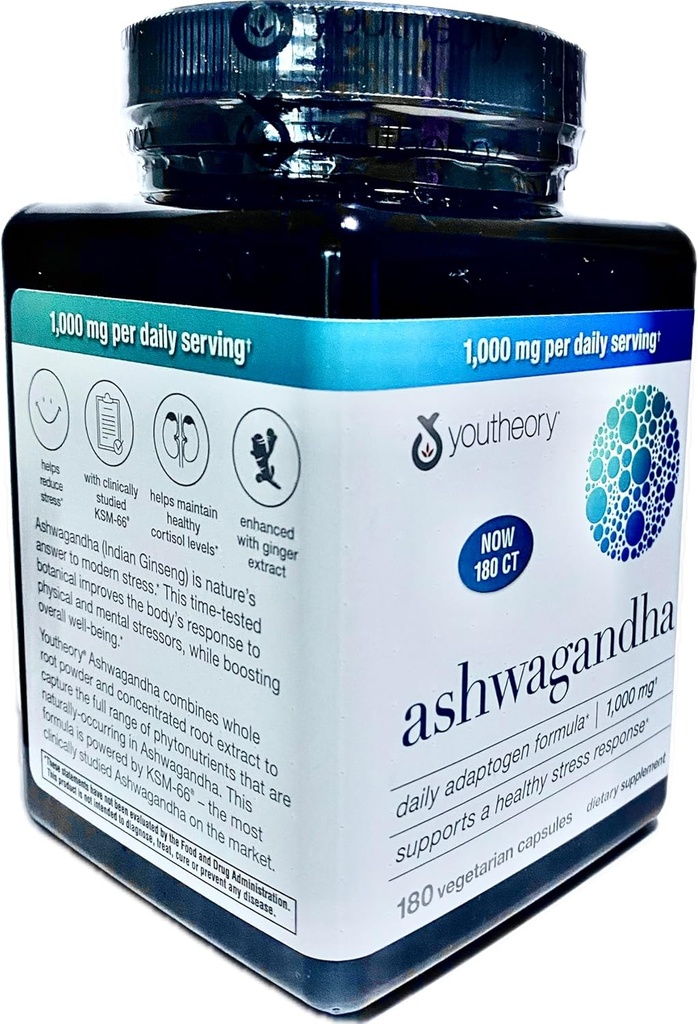 Ashwagandha Supplement Organic KSM-66 Ashwagandha Vegetarian Supplément 180 capsules, 1000mg par jour de service, aide à soutenir une réponse saine à la gestion du stress, Pearl White