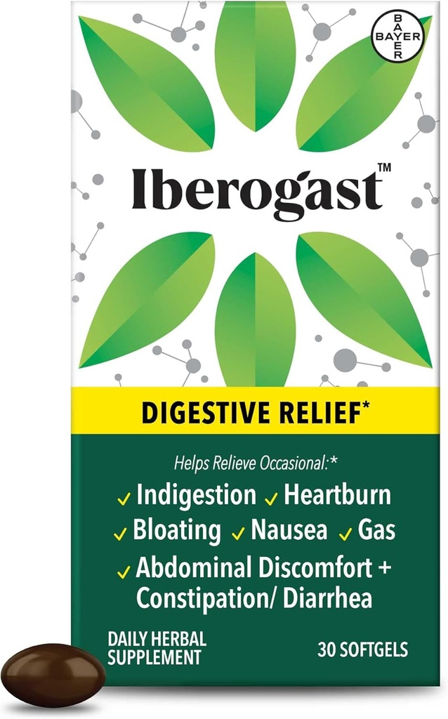 Softgels ibérogastes, Relief à base de plantes des upsets de l'estomac: Indigestion occasionnelle, Bloating, Gaz, Nausées, Estomac upset; Mélange de 6-herbes avec Iberis Amara, Peppermint, Licorice, Lemon Baume; 30ct