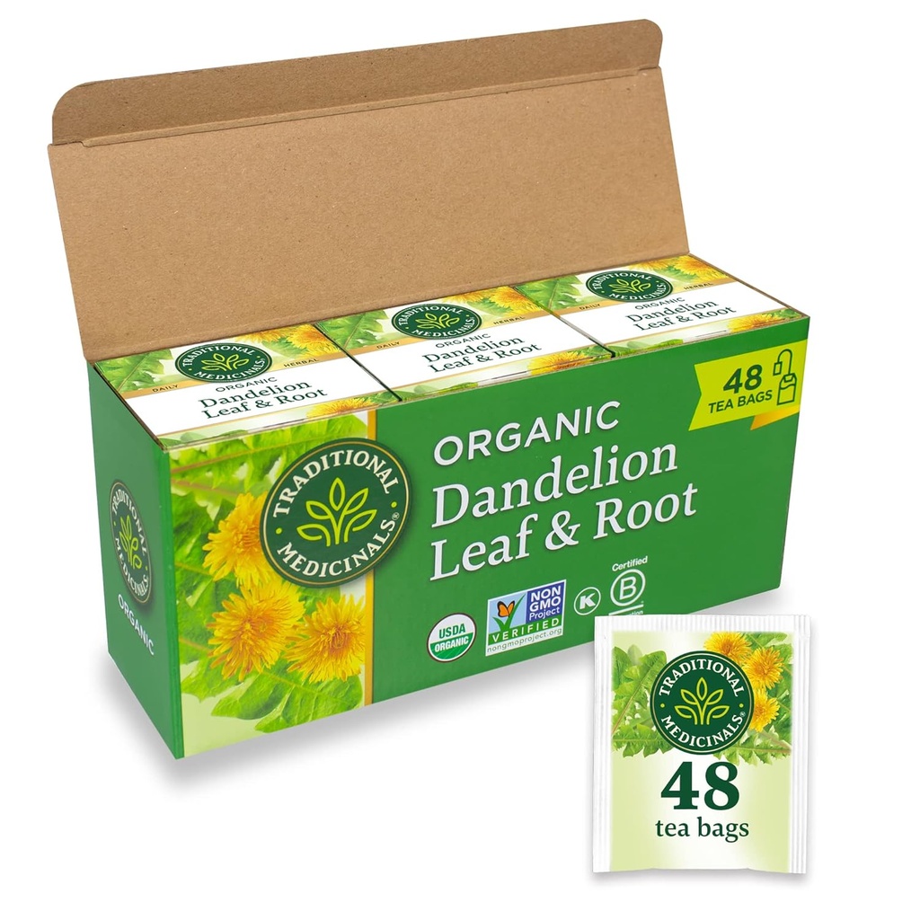 Thé médicinal traditionnel, feuille et racine de dandelion biologique, soutient la fonction rénale et la digestion saine, 48 sachets de thé (3 pack)