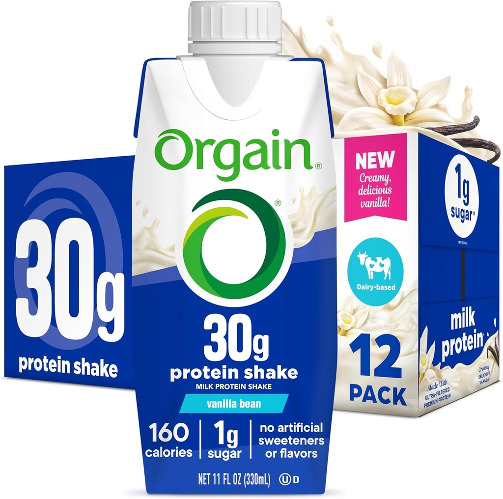 Orgain 30g High Protein Shake, Dairy Isolate Milk Protein, Vanilla Bean, 5g BCAAs, 1g Sugar Per Serving, Meal Replacement, Ready to Drink, Keto Friendly, Gluten-Free 11 Fl Oz (Pack of 12)