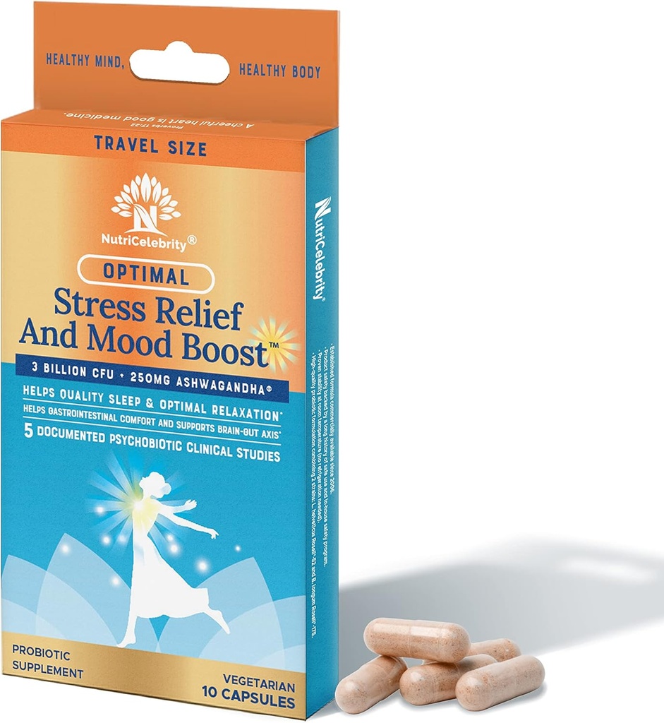 NutriCelebrity Optimal Stress Relief and Mood Boost Supplement Travel Size, Helps Support Restful Sleep, Relaxation,10 Vegetable Capsules