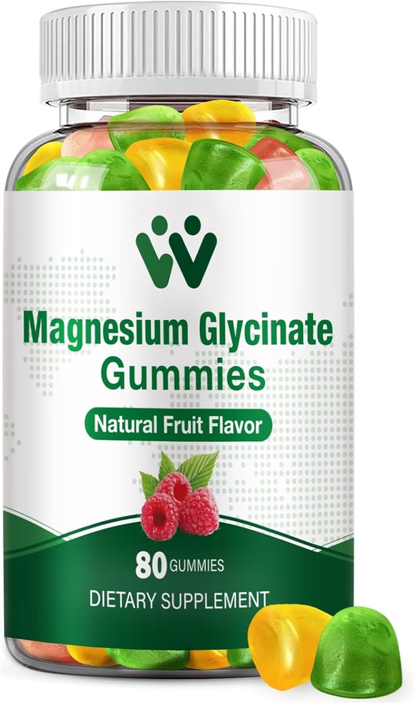 Glycinat de magnésium pour les adultes - Supplément de potassium de magnésium sans sucre pour calmer l'humeur, les muscles, les os et le soutien énergétique, 80 Gommies