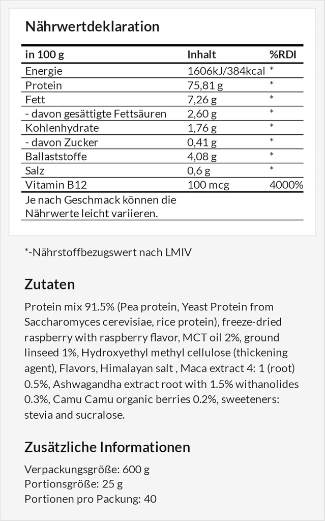 APOLLO'S HEGEMONY Protein végétalien 600g: Protéine végétale avec pois, riz et levure - Riche en acides aminés - 24 portions - Vegan et sucre sans supplément - Chocolat blanc avec saveur de framboise
