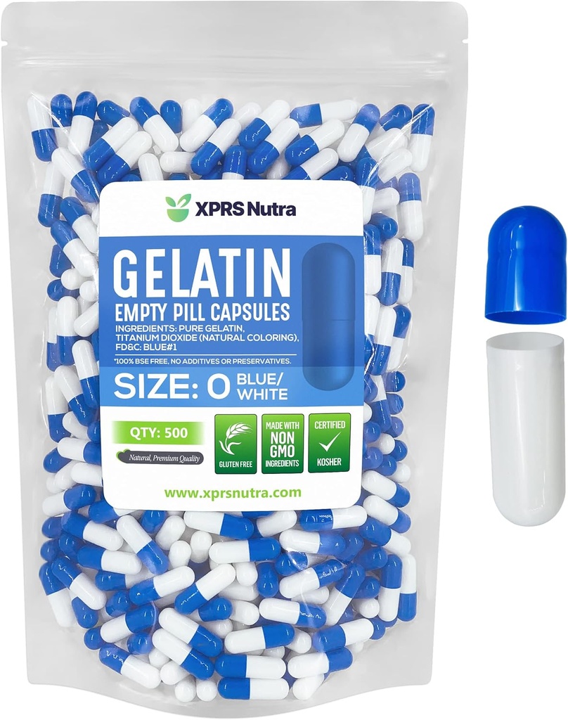 XPRS Nutra Taille 0 Capsules vides - 500 Compte Capsules de gélatine vides - Pills Bricolage Capsule Remplissage - Pure Pill Gel Caps pour Do-It-Youlf Suppléments (Blue/White)