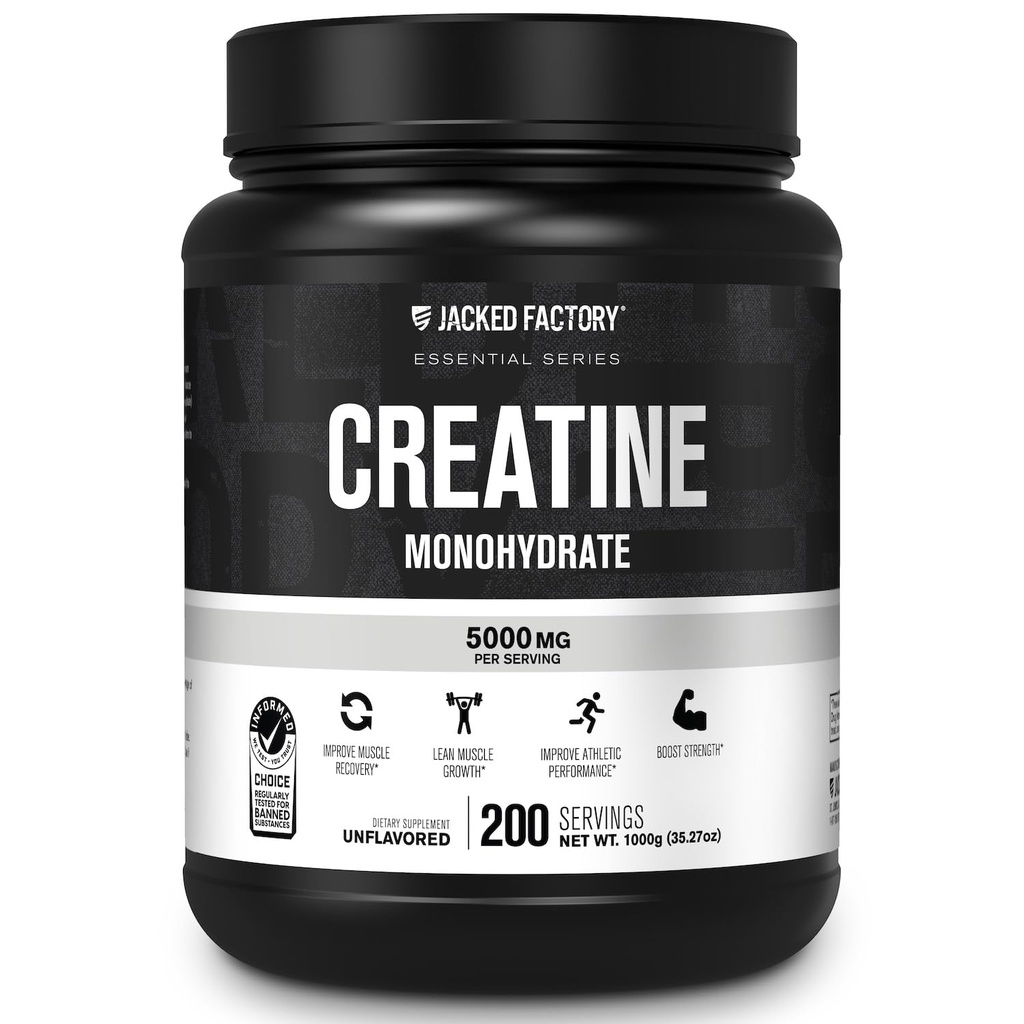 Poudre monohydratée de créatine de l'usine Jacked 1000g - Supplément de créatine quotidien 5g pour les hommes et les femmes, Amies des végétaliens, Testées en troisième partie - 200 portions, non aromatisées