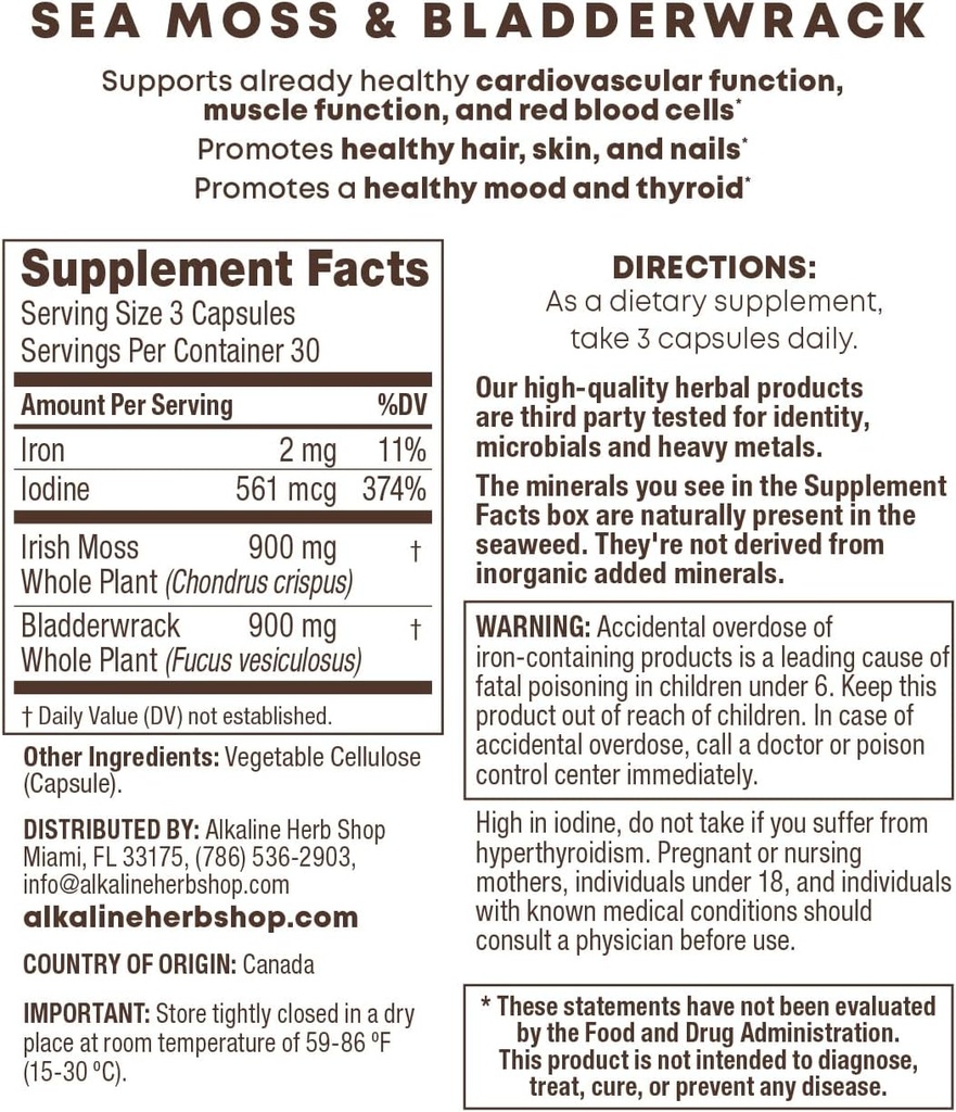 Alkaline Herb Shop Sea Moss and Bladderwrack Supplément 90 Capsules