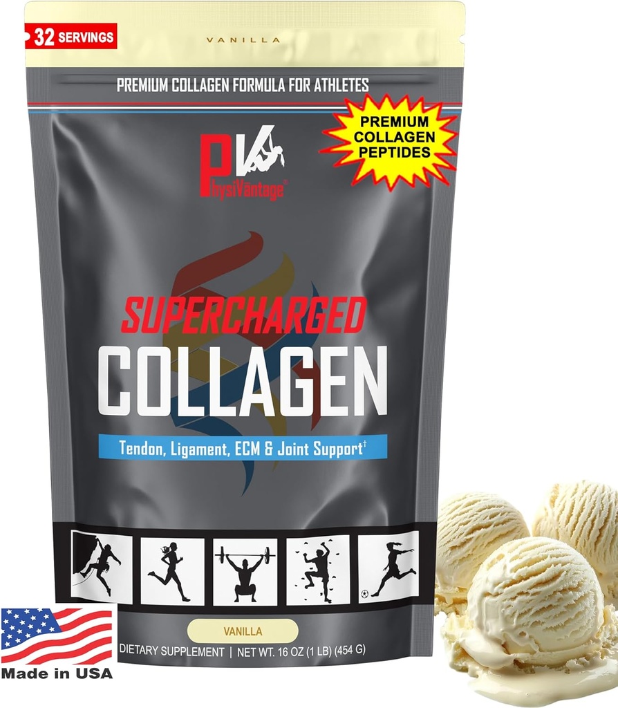 PhysiVantage Supercharged Collagène Peptides Poudre - Collagène hydrolysé pour le soutien de la santé articulaire, Tendon, Ligament et de la peau - Vanille, Keto, Paleo, 16oz