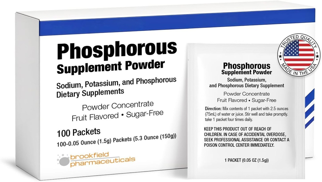 Suppléments de phosphore 100 Packets, Suppléments diététiques Poudre avec Phosphate de sodium et Phosphate de potassium, Supplément de phosphore aromatisé aux fruits Poudre pour la santé des électrolytes, des os et des reins