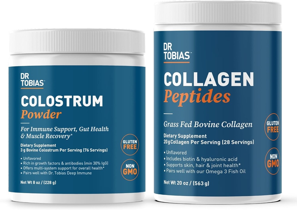 Dr Tobias Collagen Peptides Poudre et Poudre de Colostrum - Soutient la peau, les cheveux, la santé articulaire et la fonction immunitaire - Sans gluten, sans OGM