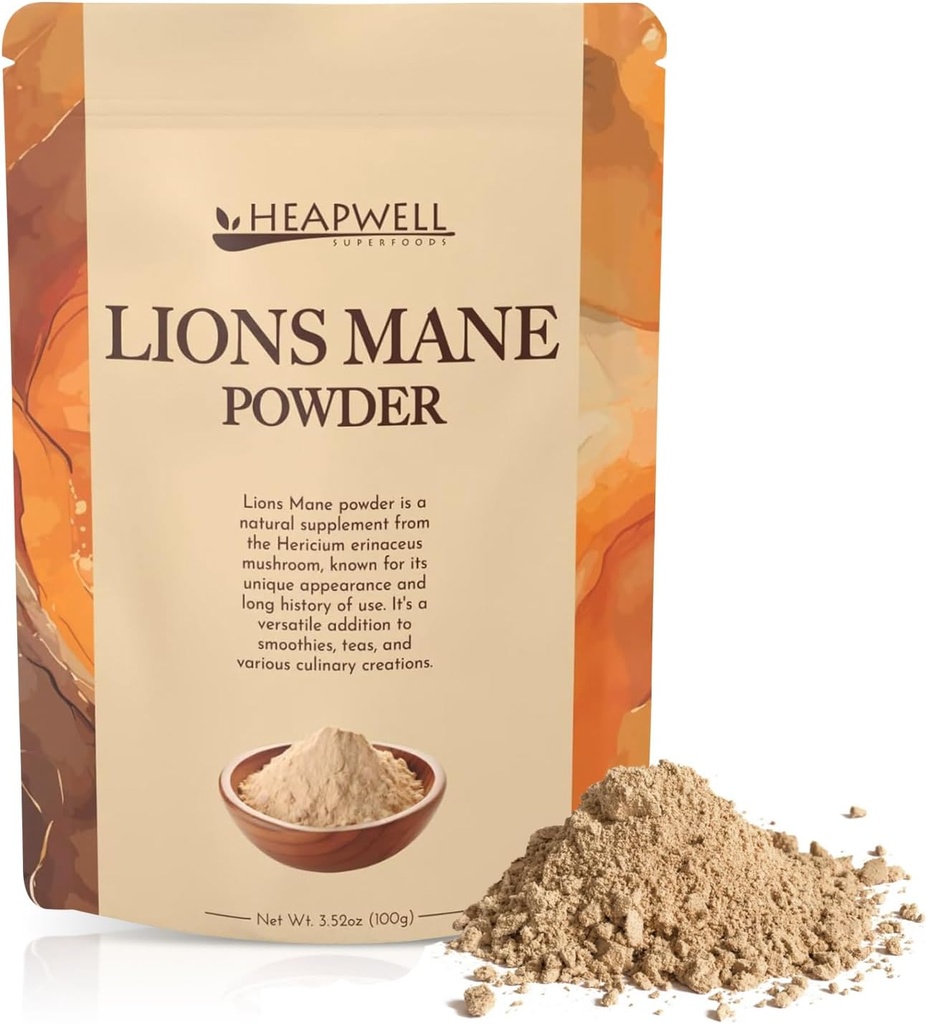 Heapwell Superfoods Lion's Mane Powder 100g – Premium Grade, Lion's Mane Mushroom Supplément haut spectre pour le soutien cognitif, le boost immunitaire et les services de Clarté mentale 100 Plus
