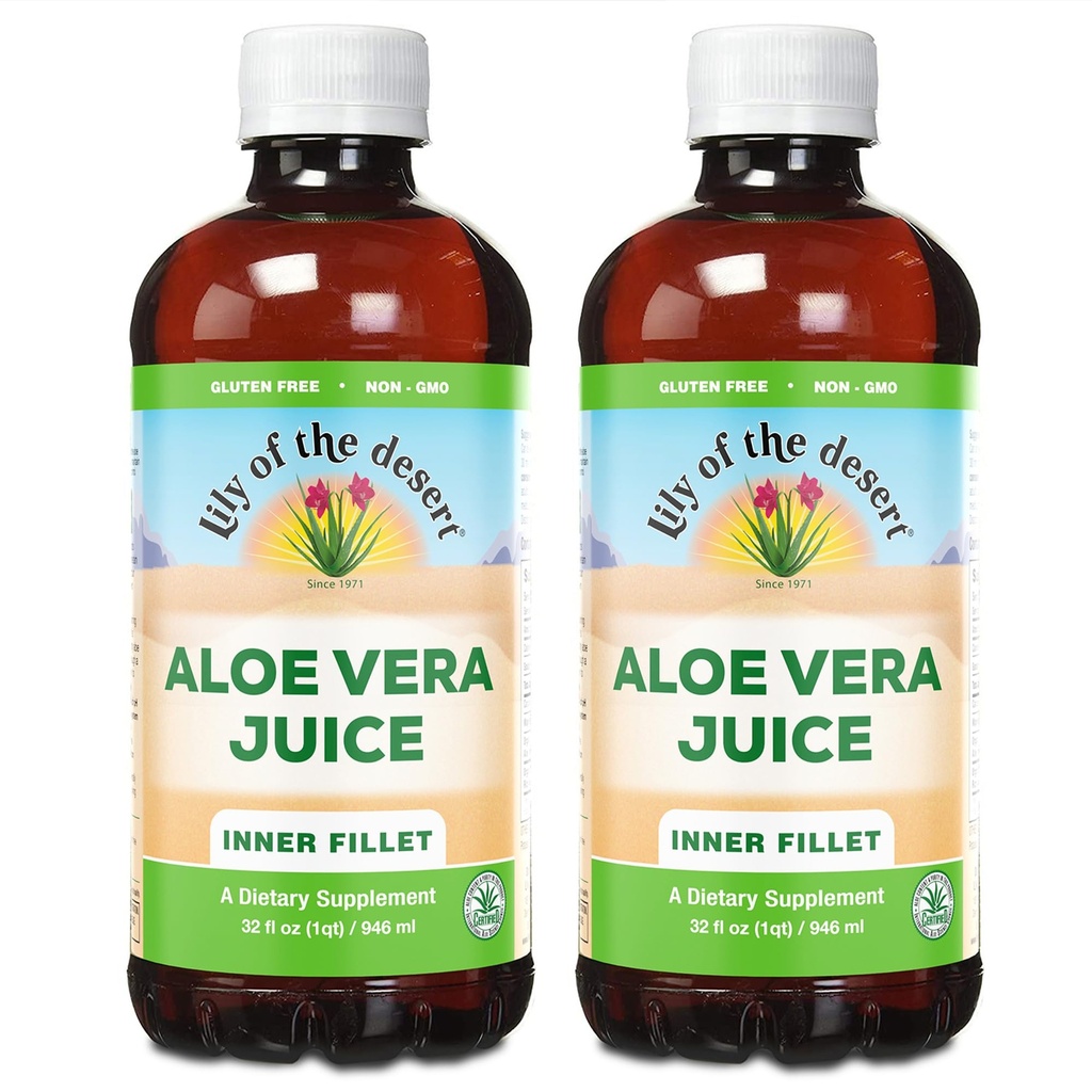 Lily Of The Desert Organic Aloe Vera Juice 2-Pack – Filet intérieur, Gut naturel et soutien digestif, Relief de l'estomac, 32 Fl Oz Ea