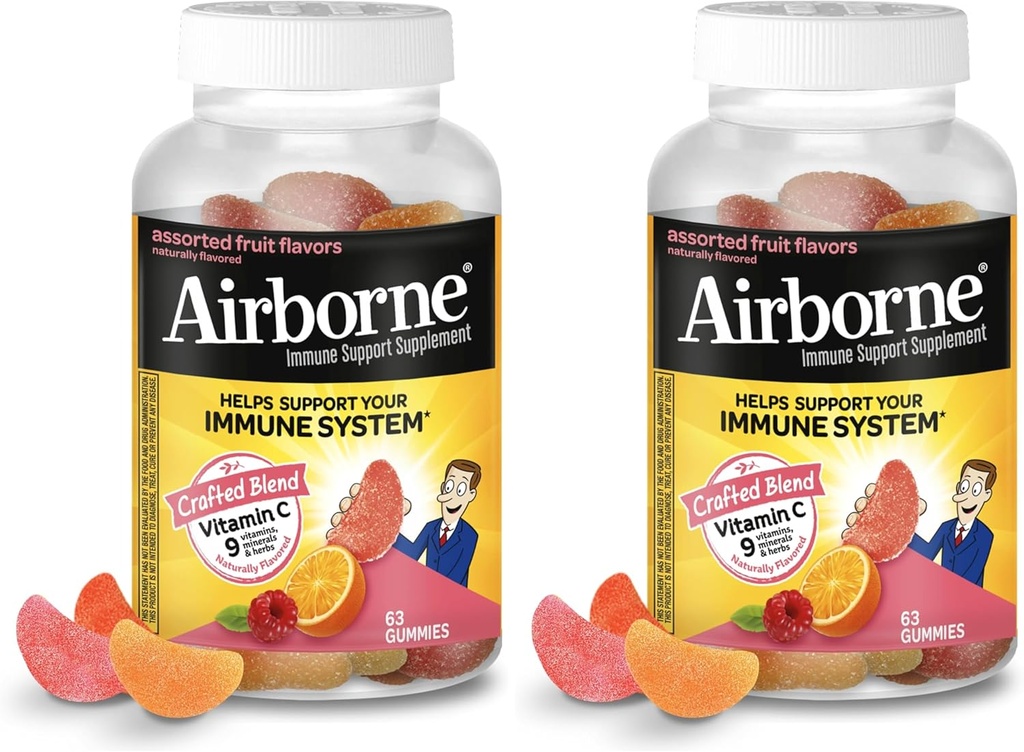 Airborne Vitamin C 750mg (per Serving) - Assorted Fruit Gummies (63 Count in a Bottle), Gluten-Free Immune Support Supplement with Vitamins C E, Selenium (Pack of 2)