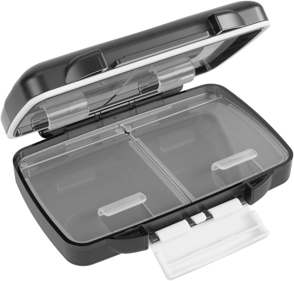 EZY DOSE Humidité-Proof Pill Case, planificateur de médicaments, boîte d'organisateur de vitamines, voyage-friendly, fermeture latch-pour sécuriser le contenu, 4 compartiments individuels de tailles multiples avec joint serré, petit, noir
