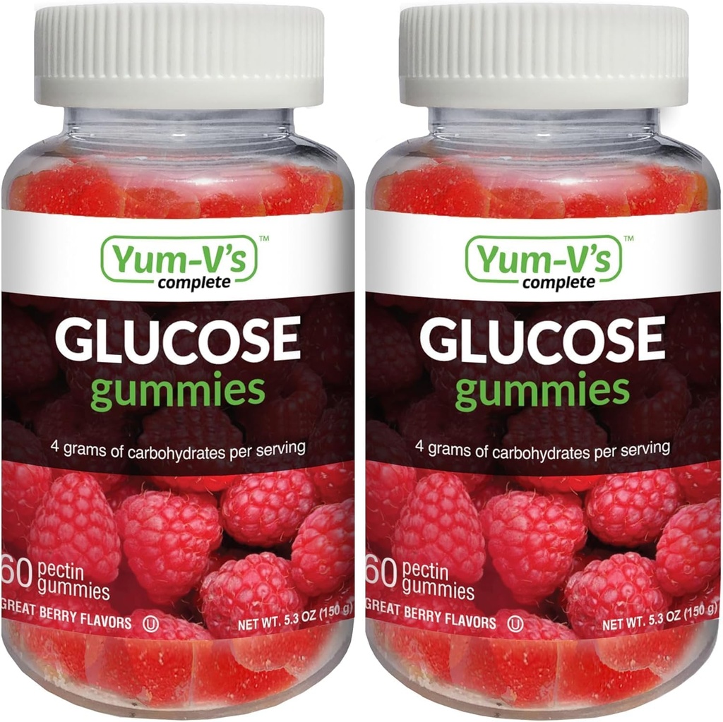 Gummes de glucose YUM-V – Gummes à croquer Glucose à action rapide – Grande dégustation – Sans gluten, végétalien, non OGM – Arôme naturel des baies – 60 Gummes à croquer pour adultes et enfants (paquet de 2)