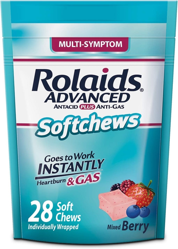 Rolaids Antiacide avancé plus Anti-Gas Softchews, 28 Compte, Berry mixte, Heartburn et Gas Relief