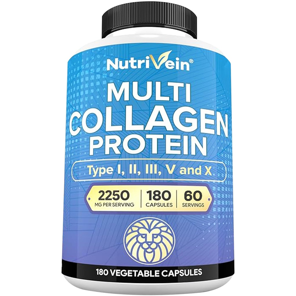 Nutrivein Premium Multi Collagen Pills 2250 mg - 180 Capsules de collagène faciles à avaler: Type I, II, III, V, X Peptides de protéines hydrolysés pour les femmes et les hommes - Vieillissement, articulations, cheveux, peau, os et ongles