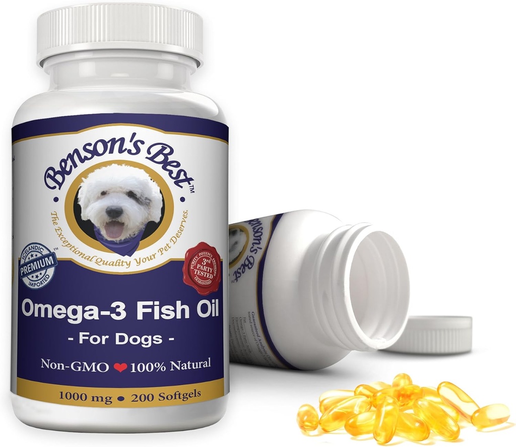 Meilleure huile de poisson Omega 3 de Benson pour les chiens - Fournit 43% Plus d'acides gras Omega 3 que l'huile de saumon - 200 Softgels 1000 mg - 100% Pure, non-OGM, aliments naturels pour chiens