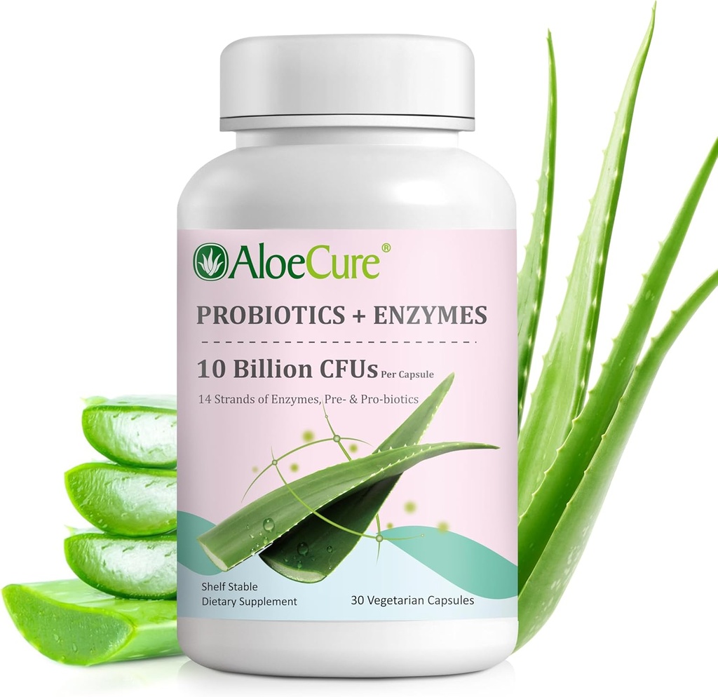 AloeCure Daily Probiotics 10 milliards d'UFC pour le soutien digestif 8 souches, 6 prébiotiques et enzymes - Supplément digestif avec bromélain pour les femmes et les hommes - Gut Support, Relief digestif, 30 capsules