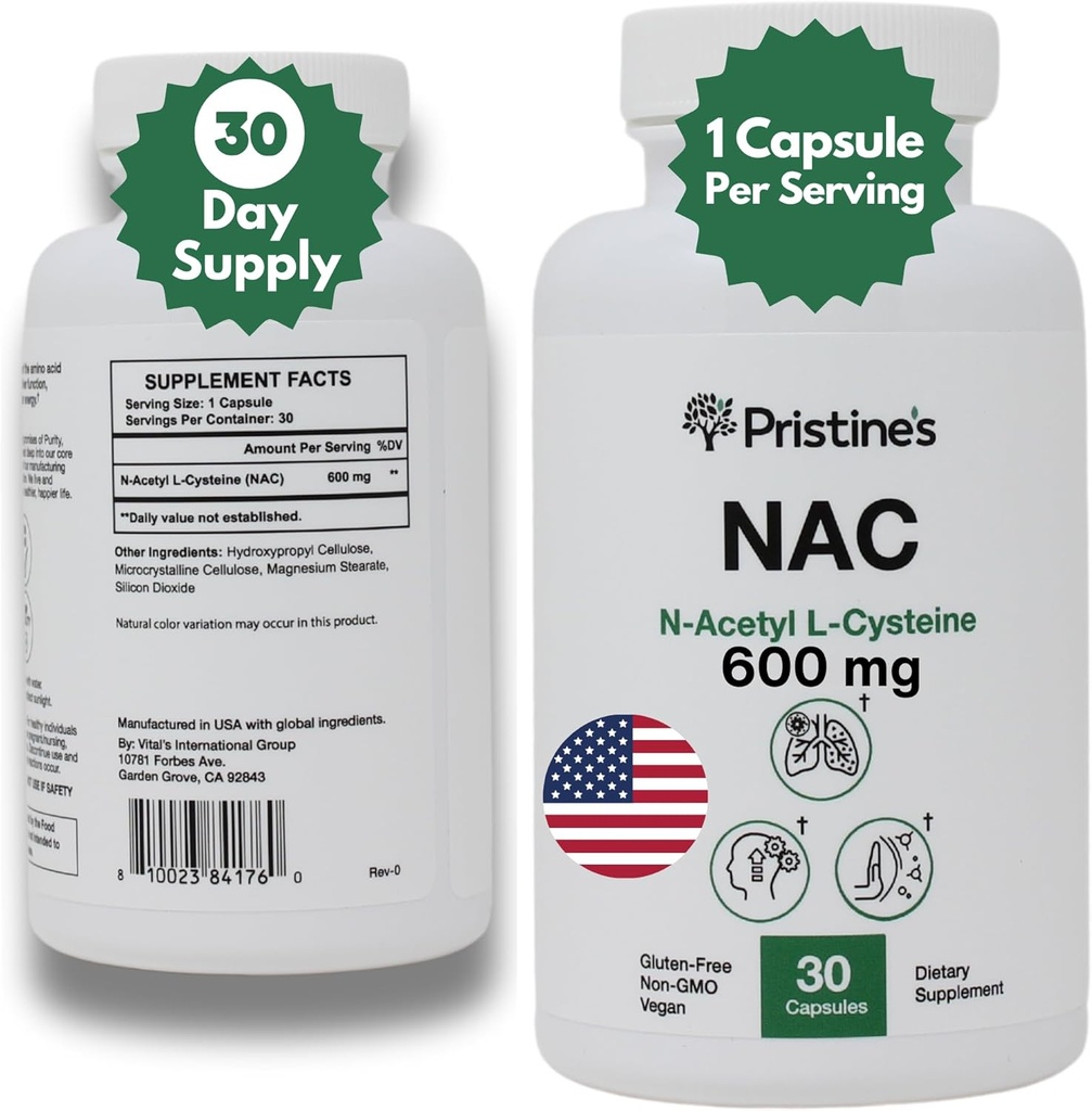 N-acétyl L-Cysteine de PRISTINE (NAC) 600MG 30 jours d'approvisionnement Potent Lung & Liver Immunity Complement Capsules antioxydantes - Soutien de l'humeur et de la santé mentale