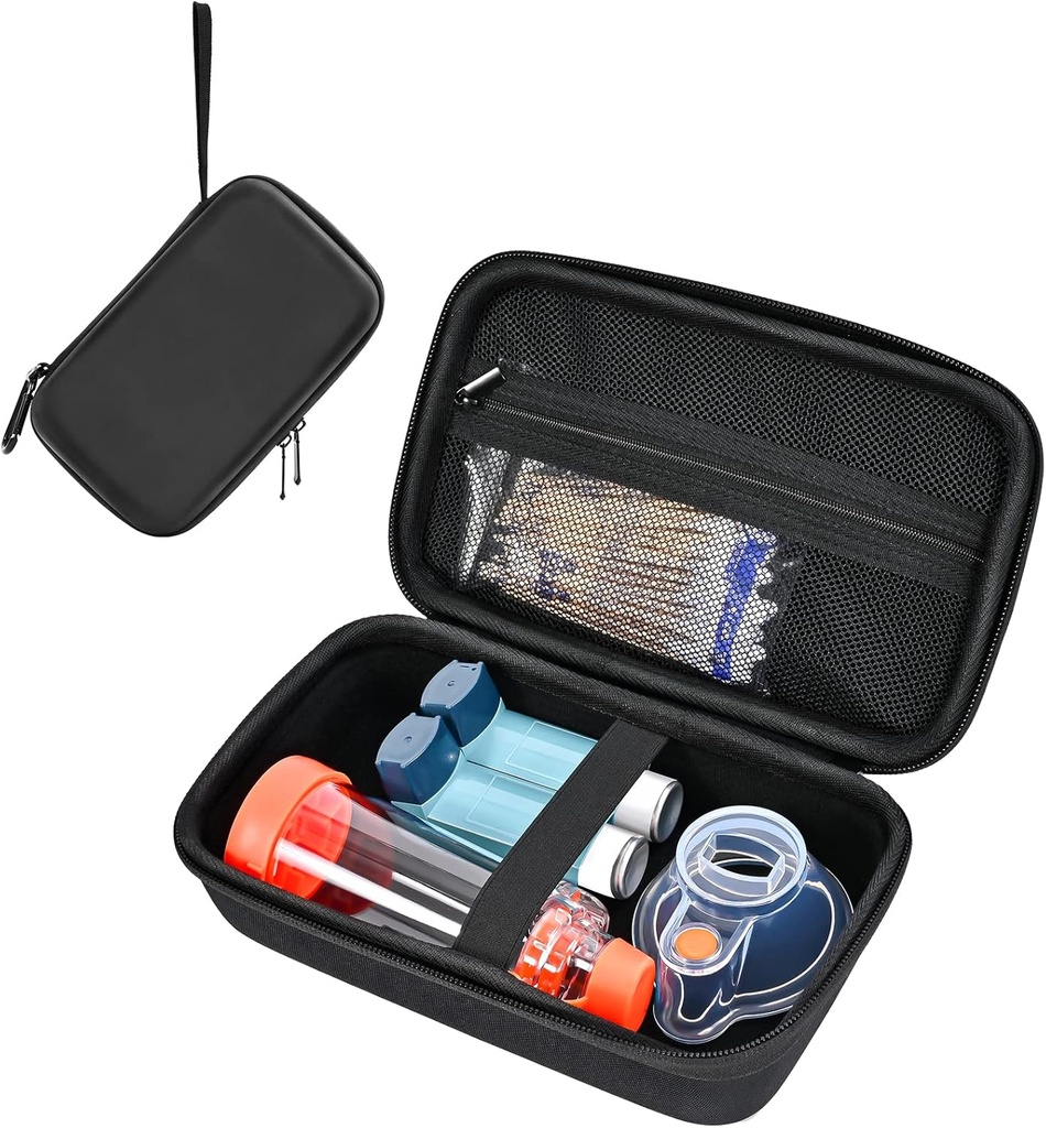 Coque de transport dur ProCase pour Inhalateur Asthme, Sac de voyage d'espaceur Inhalateur Portable pour Adultes Enfants, Masques Support d'accessoires Asthme, Kits Asthme Organisateur avec Poche Mesh -Noir