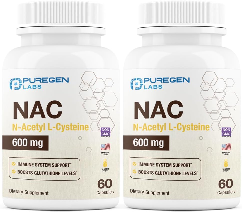 Puregen Labs N-acétyl-L-Cysteine (NAC) 600mg, Soutiens immunitaire, respiratoire, santé du foie, NAC 600 mg, Potent antioxydant Support, radicaux libres, Facile à absorber - Total 120 Capsules de Veggie