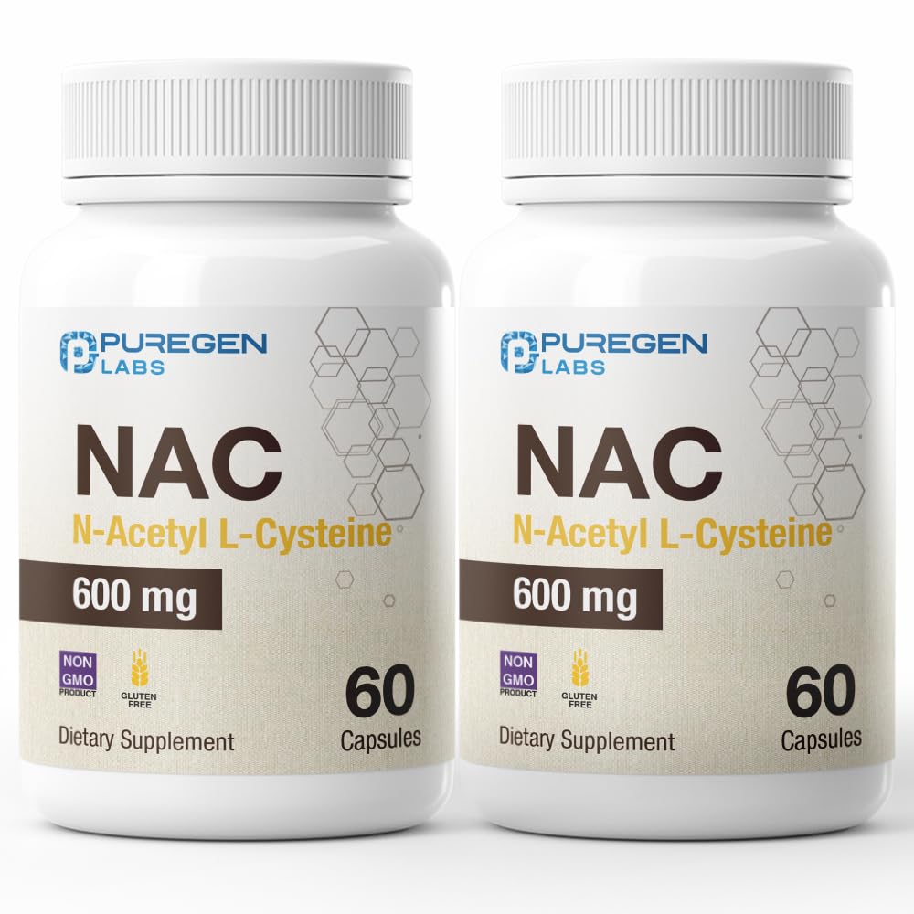 Puregen Labs N-acétyl-L-Cysteine (NAC) 600mg, Soutiens immunitaire, respiratoire, santé du foie, NAC 600 mg, Potent antioxydant Support, radicaux libres, Facile à absorber - Total 120 Capsules de Veggie