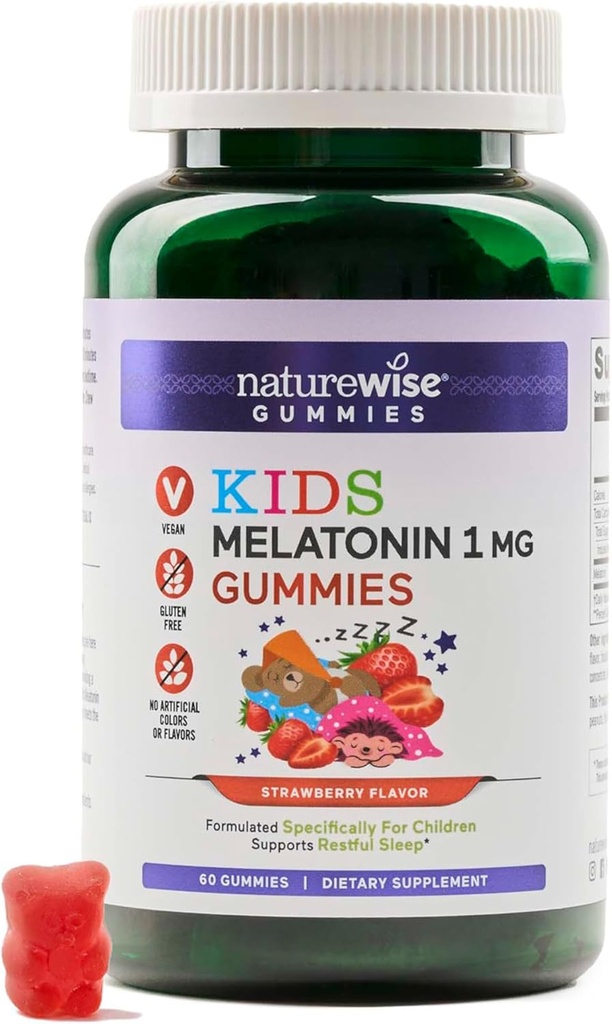 Enfants d'origine naturelle Mélatonine Gommies 1 mg - Sans médicament, sans précipitation formant une aide au sommeil pour les enfants de 4 ans et plus - Ours gommy aromatisé aux fraises - Vegan, sans gluten, sans OGM - 60 Compte[2-Mois]