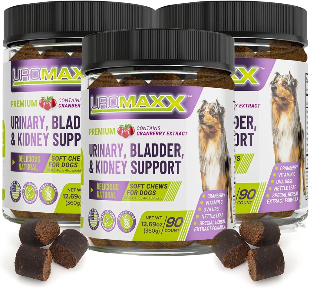 Chien Traitement de l'infection urinaire de piège, support pour chiens, soins puissants pour animaux de compagnie, croustilles douces naturelles avec canneberge et glucosamine, fabriqués aux États-Unis, goût de poulet, 90 comte, 3 pack