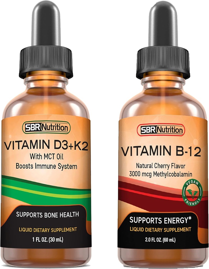 SBR Nutrition D3+K2 et B12 Bundle Vitamine D3K2 (MK7) gouttes liquides, menthe poivrée 1 oz.