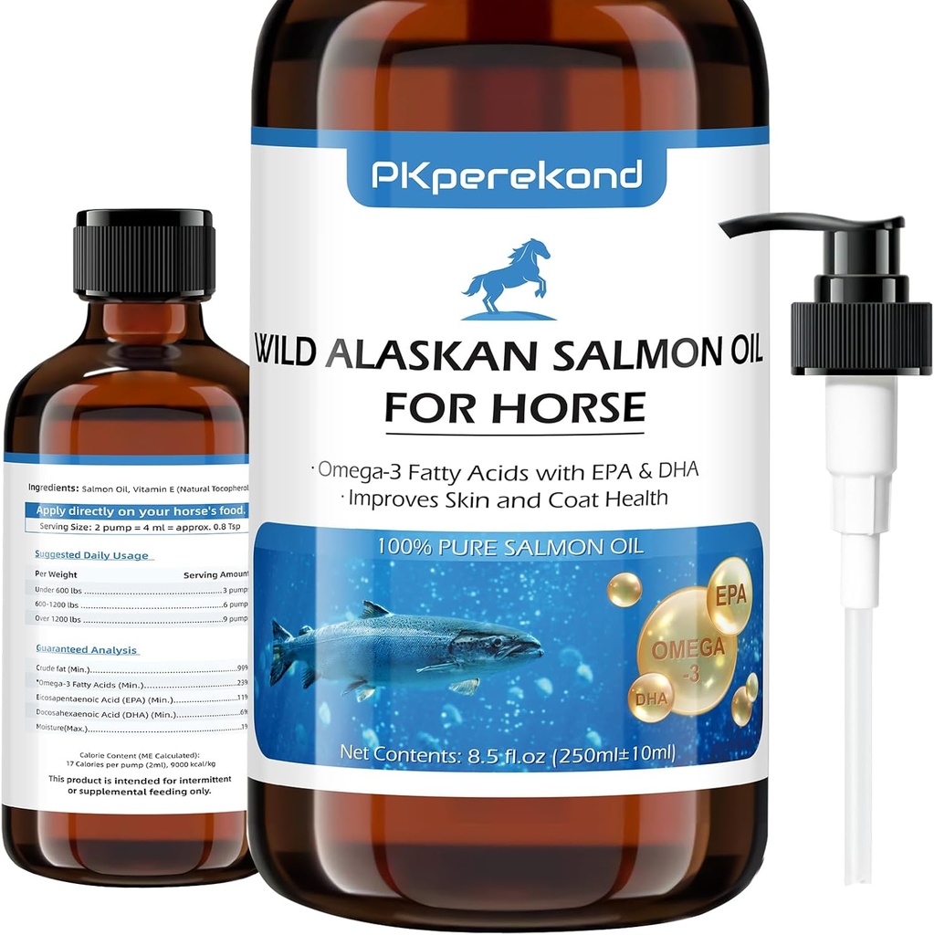 Huile de saumon sauvage de l'Alaska pour chevaux, démangeaisons, huile de poisson Omega 3 EPA+DHA Acides gras, supplément de peau et de manteau pour chevaux, soutien de la fonction articulaire, immunitaire et santé cardiaque
