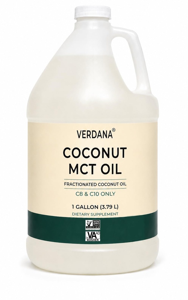 Verdana Huile de noix de coco MCT 1 Gallon – Grade alimentaire pour café kéto, huile naturelle non aromatisée Tir à la bouche, massage, aromathérapie – 100% de coco - Triglycérides à chaîne moyenne – Non-OGM, Kosher