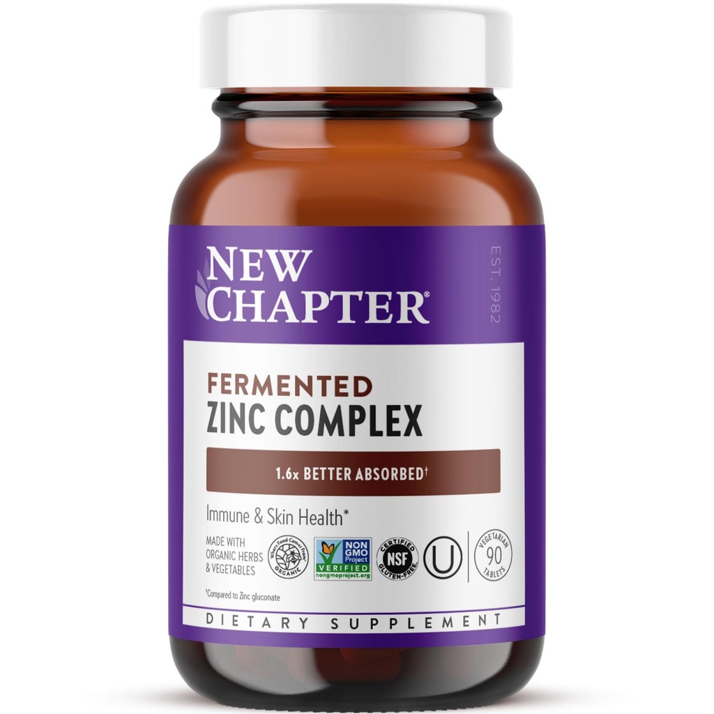 Nouveau chapitre supplément de zinc, complexe de zinc fermenté, ONE quotidien pour le soutien immunitaire + santé de la peau, formule de balançant minéral riche en cuivre, facile à avaler et à digérer, 90 comte (3 mois d'approvisionnement)