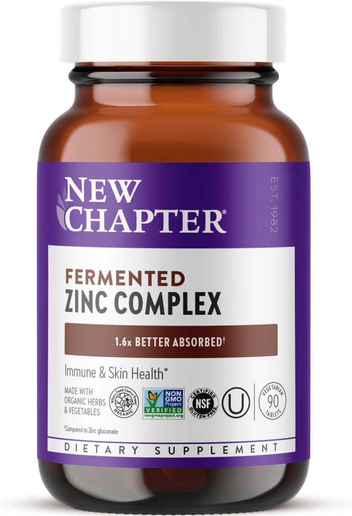 Nouveau chapitre supplément de zinc, complexe de zinc fermenté, ONE quotidien pour le soutien immunitaire + santé de la peau, formule de balançant minéral riche en cuivre, facile à avaler et à digérer, 90 comte (3 mois d'approvisionnement)