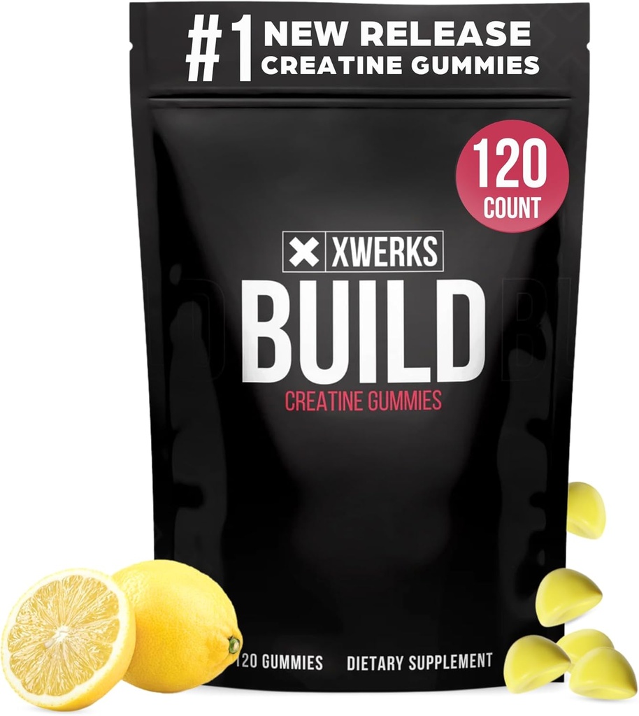 Xwerks construire des gommes créatine pour les hommes et les femmes, 120 comtes, 100% pure créatine monohydraté, Lemon aromatisé Muscle Building Gommies 4g par service, pré-entraînement anti-fusion, 5000mg Créatine totale